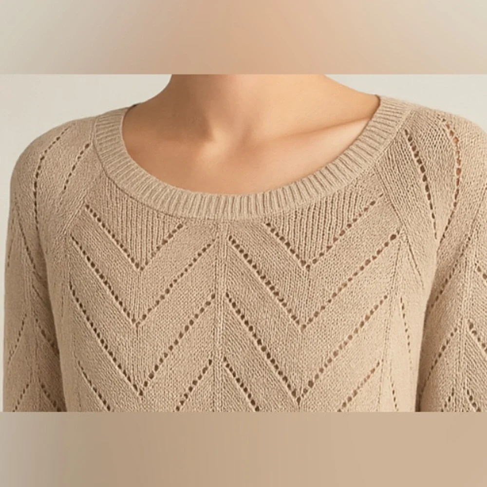 Olive & Oak Open-Knit Chevron Pullover Sweater – Beige – Size M – Cotton Blend - Picture 3 of 9